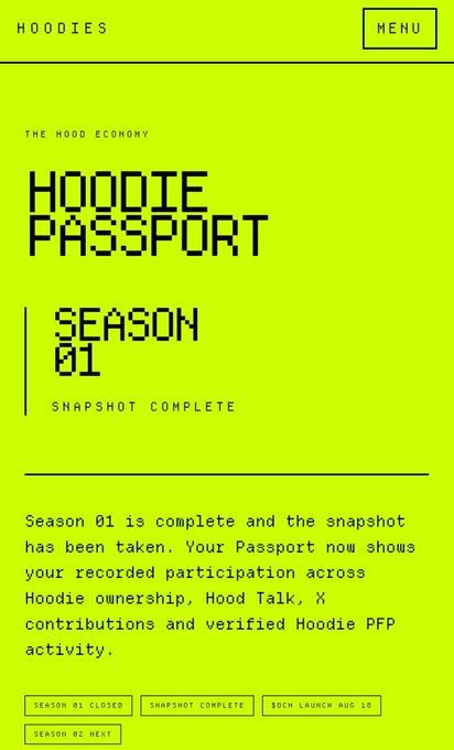 A green digital poster for 'HOODIE PASSPORT SEASON 01' from The Hood Economy, announcing that Season 01 is complete with snapshot taken and SOMI launch approaching.