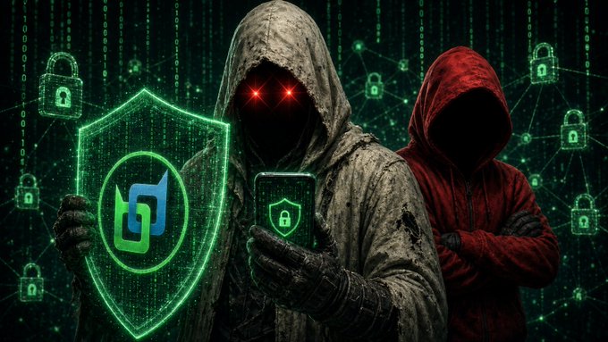 A digital illustration depicting two hooded figures, one in white with glowing red eyes holding a smartphone and another in red, standing before a green shield logo surrounded by floating padlocks on a digital background.