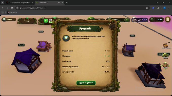 The image shows a computer screen displaying a game interface with a menu bar, including options for upgrading the planet's environment or starting a new game session. The background of the image features a picture of a house, which could be part of the game world or simply an interesting visual element in the scene.