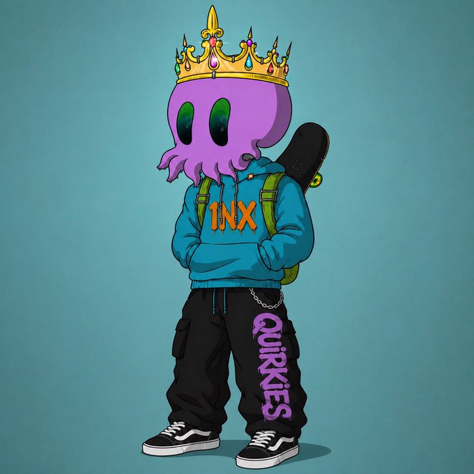 A digital illustration features a purple octopus-headed character wearing a golden crown, a blue '1NX' hoodie, and black 'QUIRKIES' sweatpants, carrying a skateboard on a teal background.