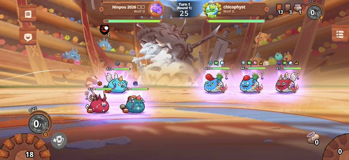 A screenshot from the video game 'Axie Infinity' showing a turn-based battle between teams named 'Ninpou 2026' and 'chilcophyst', with slug-like creatures fighting a larger beast.