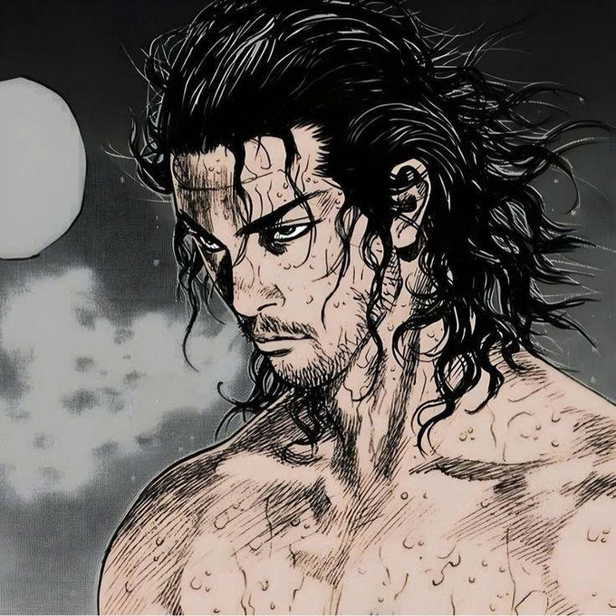 A dramatic black-and-white manga illustration depicts a muscular, shirtless man with long dark hair looking intensely toward the left against a dark, cloudy background.