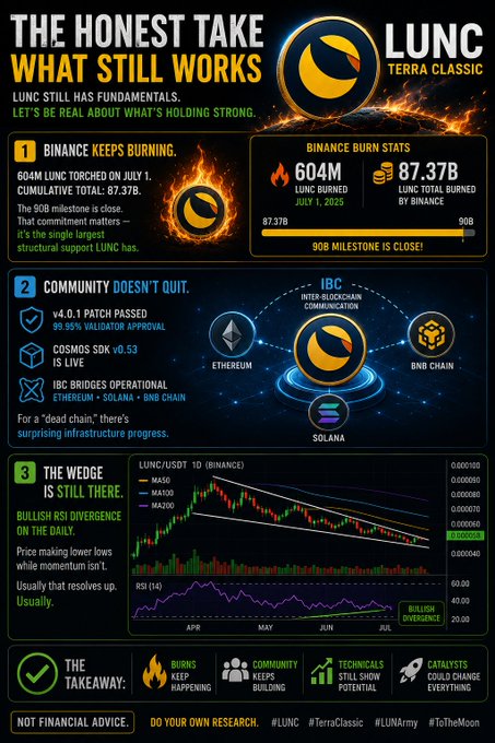 The image is an infographic titled "THE HONEST TAKE: WHAT STILL WORKS" for LUNC (Terra Classic), highlighting that Binance burned 604M LUNC on July 1, bringing cumulative burns to 87.37B toward the 90B milestone, alongside community updates (v4.0.1 patch, Cosmos SDK, IBC bridges) and a bullish RSI divergence chart on the LUNC/USDT daily timeframe.