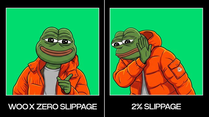 A two-panel meme featuring a Pepe the Frog character; the left panel is labeled "WOO X ZERO SLIPPAGE" with a smiling Pepe, and the right panel is labeled "2% SLIPPAGE" with a distressed Pepe holding his face.