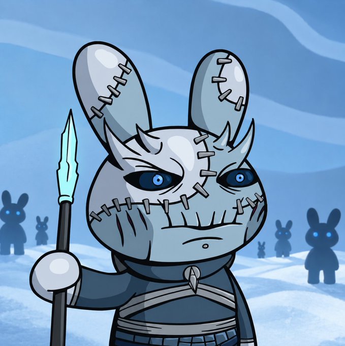 A cartoon illustration of a stitched, blue rabbit-like warrior character holding a spear, with shadowy rabbit figures in a snowy background.