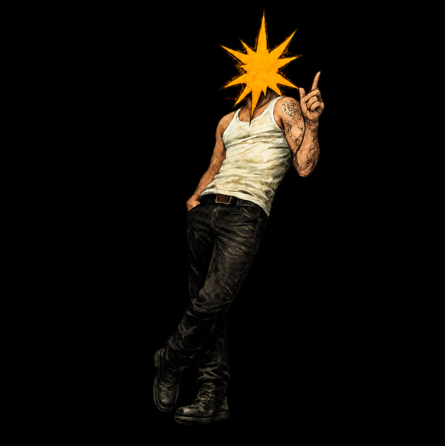 An illustrated figure of a lean man with tattoos wearing a dirty tank top, black pants, and boots, pointing his finger up toward an orange starburst that replaces his head, set against a black background.