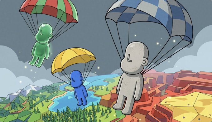 A colorful illustration depicts green, blue, and white humanoid figures parachuting over a landscape featuring forests, rivers, and red rock formations.