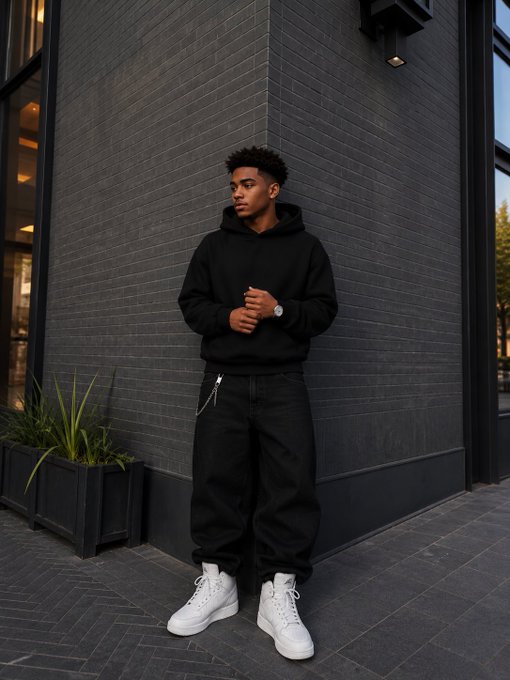 A young man wearing an all-black outfit consisting of a hoodie, loose jeans with a chain, and white sneakers stands on a sidewalk against a dark brick building.