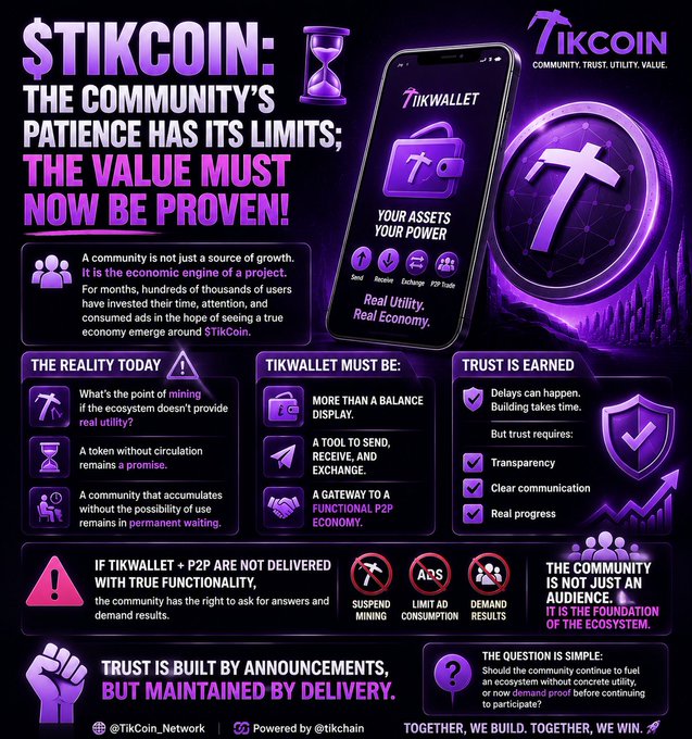 A bold purple infographic from the TikCoin community declares "$TIKCOIN: THE COMMUNITY'S PATIENCE HAS ITS LIMITS; THE VALUE MUST NOW BE PROVEN," highlighting the TikWallet app and warning that if functional P2P features aren't delivered, the community has the right to suspend mining, limit ad consumption, and demand results—reinforcing the post's message that a Web3 project's real engine is its community, not just user numbers.