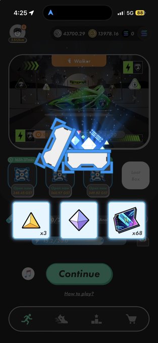 Mobile game screenshot showing a loot box reward screen with a 'Walker' drone and various items (yellow triangle x3, purple diamond x68, drone x68) above a green 'Continue' button.