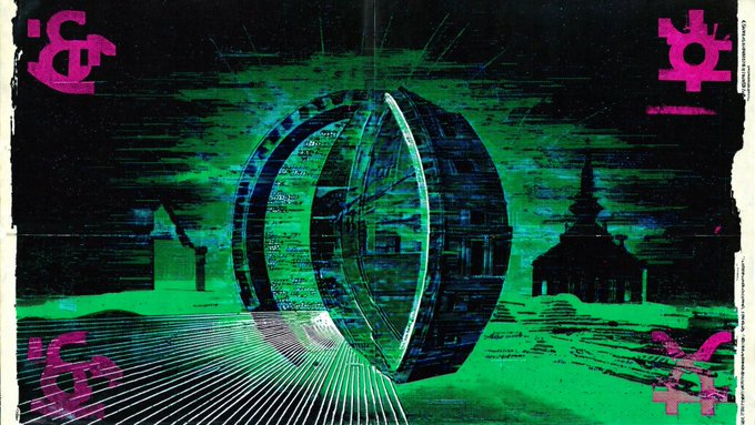 A stylized digital artwork featuring a large, glitch-effect coin or disc hovering above a green, wireframe landscape with silhouetted buildings and pink geometric symbols in the corners.