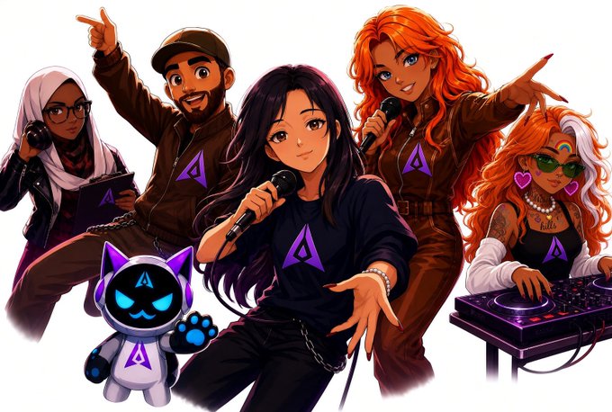 Anime-style illustration of a five-member musical group in matching outfits with purple triangle logos, featuring a singer with a microphone, a DJ, and a small robot mascot.