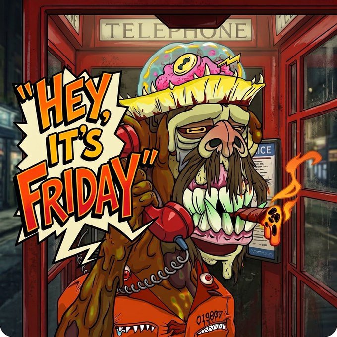 A cartoon illustration shows a grotesque monster with an exposed brain, large teeth, and a fiery cigar talking on a red telephone inside a phone booth, with the text "HEY, IT'S FRIDAY" displayed in a comic-style speech bubble.