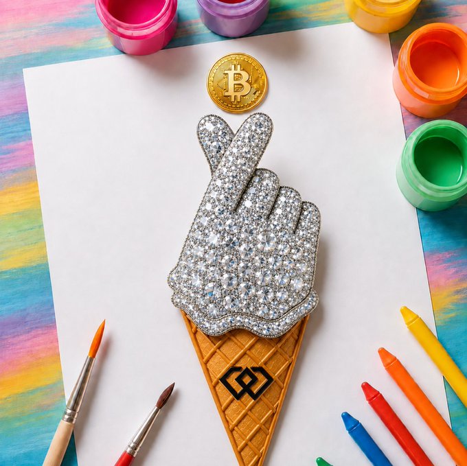 A silver, diamond-encrusted decorative pin shaped like a hand making a peace sign, attached to an orange waffle cone topped with a gold Bitcoin coin, surrounded by paint pots and brushes on a rainbow-colored background.