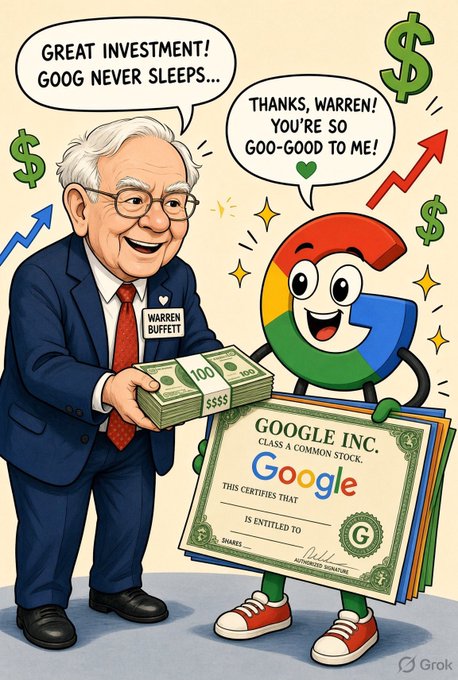 A cartoon illustration showing Warren Buffett handing money to the Google "G" mascot, with text bubbles reading "GREAT INVESTMENT! GOOG NEVER SLEEPS..." and "THANKS, WARREN! YOU'RE SO GOO-GOOD TO ME!".
