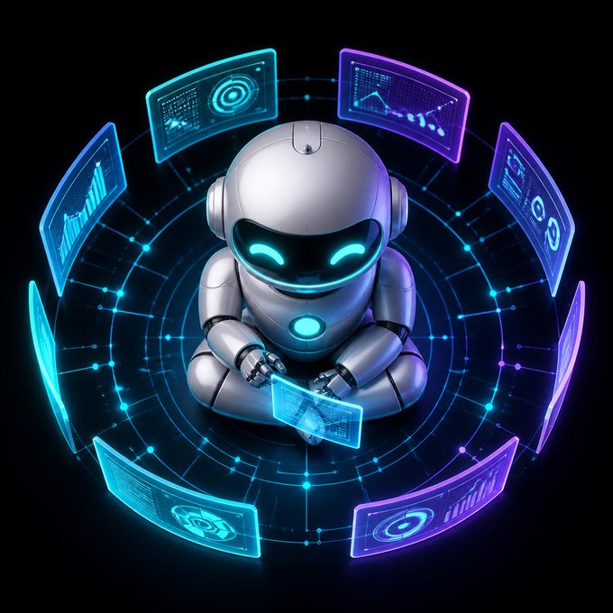 A small silver robot with glowing blue eyes surrounded by a ring of floating holographic data screens.