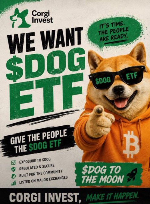 Promotional poster by 'Corgi Invest' featuring a Shiba Inu dog wearing '$DOG ETF' sunglasses and a Bitcoin hoodie, campaigning for a $DOG ETF with text 'WE WANT $DOG ETF' and '$DOG TO THE MOON'.