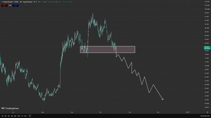 A TradingView chart of HYPE/USDT on the 4-hour timeframe shows price action nearing a highlighted support zone around $78-82, with an annotation drawing a downward projection toward the $50-55 range, illustrating the poster's bearish outlook if the current support fails to hold.