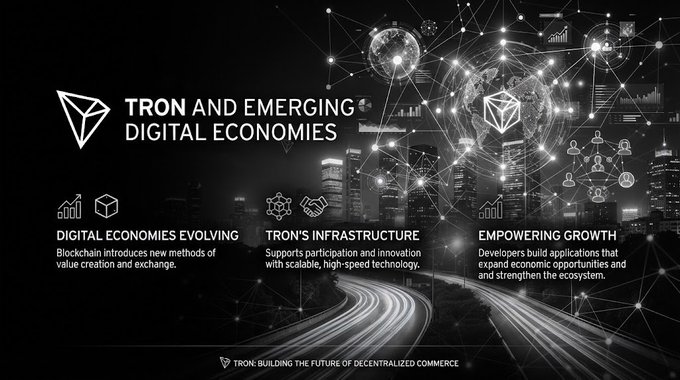 A promotional graphic for TRON blockchain titled 'TRON AND EMERGING DIGITAL ECONOMIES,' highlighting three pillars: Digital Economies Evolving, Tron'S Infrastructure, and Empowering Growth.