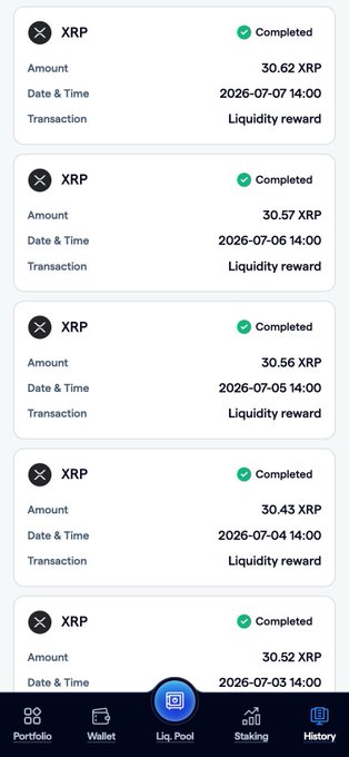 A mobile screenshot shows the "Liq. Pool" tab of a cryptocurrency app, displaying a series of completed daily XRP liquidity rewards ranging from 30.43 to 30.62 XRP dated July 3-7, 2026, visually supporting the post's claim about FortisX tracking liquidity activity and reward history across supported assets like XRP.