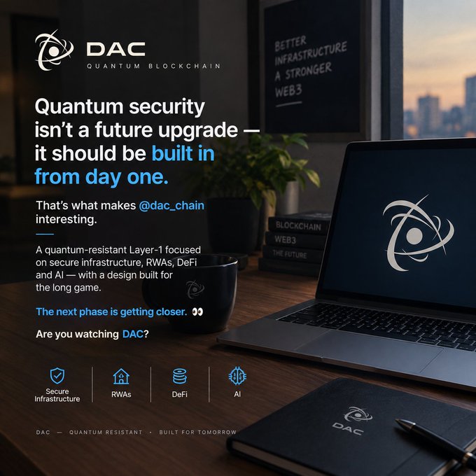 A promotional graphic for DAC Quantum Blockchain featuring a desk setup with laptop, mug, and notebook, emphasizing 'Quantum security isn't a future upgrade — it should be built in from day one' with tags for Secure Infrastructure, RWAs, DeFi, and AI.