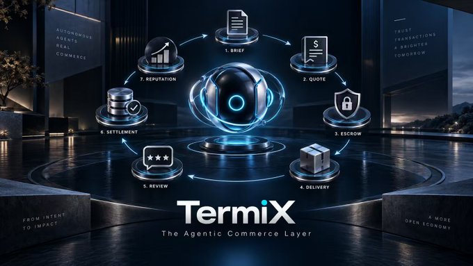 A promotional graphic for 'Termix – The Agentic Commerce Layer' showing a circular workflow diagram with stages: 1. Brief, 2. Quote, 3. Escrow, 4. Delivery, 5. Review, 6. Settlement, and 7. Reputation, centered around a futuristic blue orb.