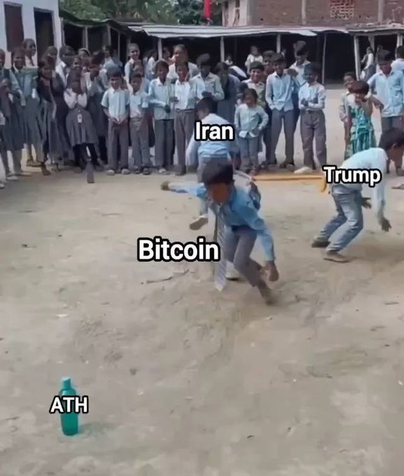 A meme image of children playing in a dirt yard, with text labels 'Iran', 'Bitcoin', 'Trump', and 'ATH' on the children and a water bottle.