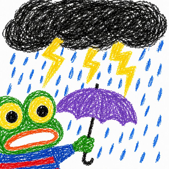 A colorful crayon-style drawing of a green frog-like character with large yellow eyes, holding a purple umbrella while standing under a dark storm cloud with yellow lightning bolts and falling blue rain.