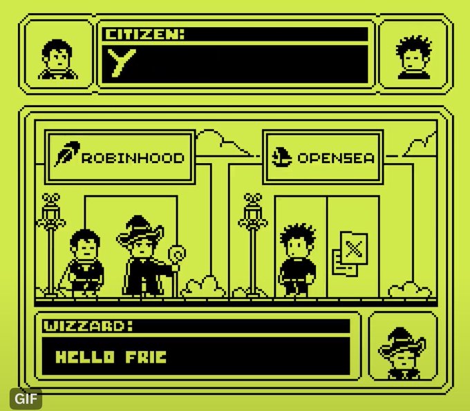 A retro Game Boy-style "Choose Your Fighter" screen from Pokémon Red/Blue parodying crypto trading platforms, where the "Citizen" picks between **Robinhood** and **OpenSea** while the "Wizard" declares "Hello Frie[nd]." The pixel-art meme humorously frames NFT trading choices as a classic JRPG battle selection, aligning with the post's promotion of the **HOOD BITS** NFT mint (4,444 supply, $1.5 WL / $2 public).