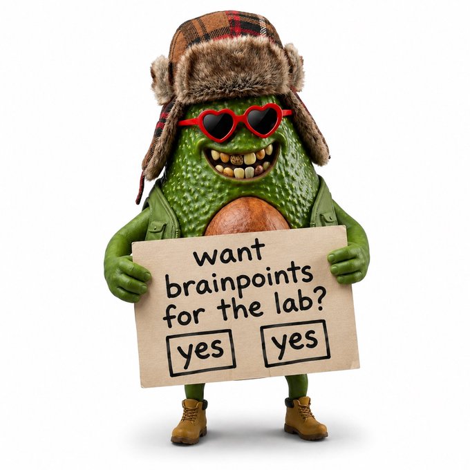 A whimsical green character wearing a furry trapper hat, heart-shaped sunglasses, and work boots holds a cardboard sign reading 'want brainpoints for the lab?' with two 'yes' checkboxes.