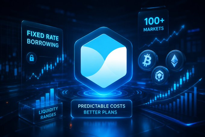 A futuristic blue-toned graphic promoting crypto/DeFi features with labels including 'FIXED RATE BORROWING,' '100+ MARKETS,' 'LIQUIDITY RANGES,' and 'PREDICTABLE COSTS, BETTER PLANS,' alongside Bitcoin, Ethereum, and other coin logos.