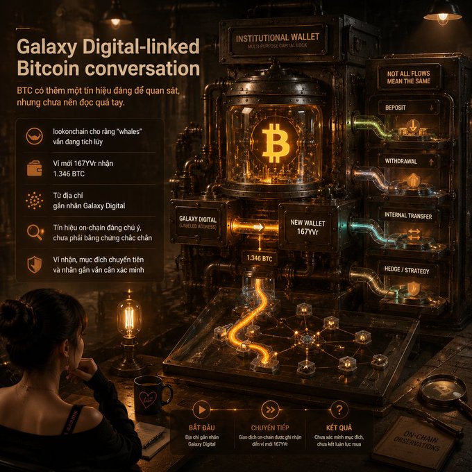 An infographic titled 'Galaxy Digital-linked Bitcoin conversation' showing on-chain transaction flow between institutional wallets, with 1,346 BTC moving to a new wallet 167Vrr.