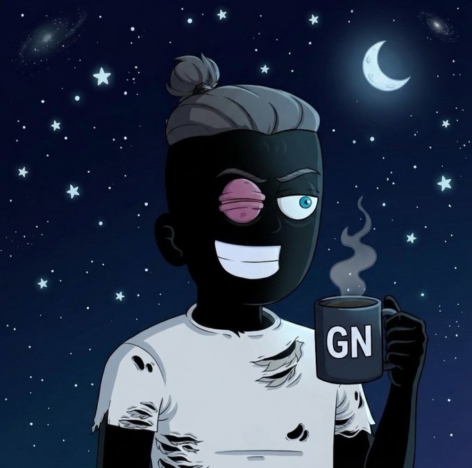 A cartoon character with grey hair in a bun, a stitched eye, and a torn white shirt holds a steaming mug labeled 'GN' against a starry night sky.