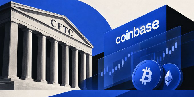 A graphic illustration displays the CFTC building on the left alongside a blue Coinbase sign, trading charts, and cryptocurrency logos including Bitcoin and Ethereum.