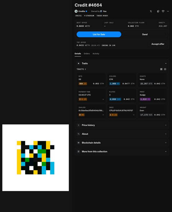 A pixel-art NFT marketplace listing for 'Credit #4664' from the 'Crediz' collection, showing traits like BITS: 99, COLORS: CYK, EIGHTS: None, PLATES: 3, and a best offer of 0.0433 ETH.