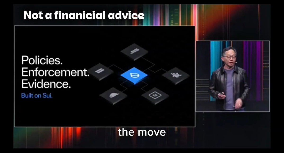 A slide from a Sui blockchain presentation displays 'Policies. Enforcement. Evidence. Built on Sui.' with icons representing various violations, alongside a speaker on stage. Meme text reads 'Not a finanical advice' at the top and 'the move' at the bottom.