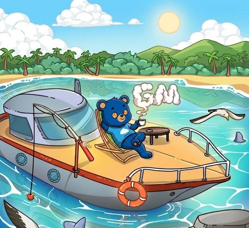 A cartoon blue bear sits relaxed on the deck of a boat in a tropical bay, holding a coffee cup with the text "GM" rising from it in steam. The chill, friendly vibe matches the post's casual "Gm guys" morning greeting and appreciation for birthday wishes from the community.