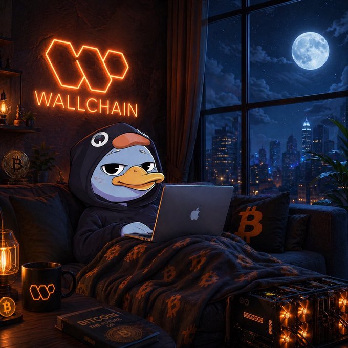 The image features a cartoon duck sitting comfortably on a couch with an open laptop computer placed next to it. The background of the image shows a city skyline at night, with a full moon visible through a window. There are also some books scattered around the scene. The caption for this image reads "Good night, Family A quick reminder before bed @wallchain we keep building an ecosystem where real influence matters more than inflated numbers", which seems to be related to the Wallchain logo in the background.