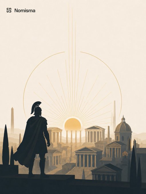 The image depicts a classical city bathed in sunlight, with a figure in Roman-style armor overlooking the scene, symbolizing progress and strength as represented by the "Nomisma" logo. This visually aligns with the accompanying post's message of @NomismaNetwork building a robust, advanced blockchain.