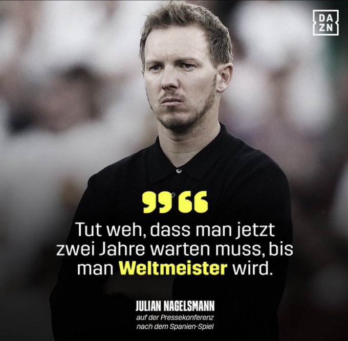 A DAZN graphic features Julian Nagelsmann with a quote in German: "Tut weh, dass man jetzt zwei Jahre warten muss, bis man Weltmeister wird" ("It hurts that you now have to wait two years until you become World Champion"), from a press conference after the Spain game. The image relates to the "-10000000 AURA" caption by suggesting Nagelsmann lost credibility or aura by publicly complaining about the long wait until the next World Cup, which is a natural and unavoidable timeline—making the comment seem unnecessary and damaging to his image.