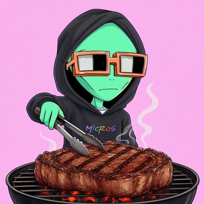 A cartoon illustration of a green alien in a hoodie with 'Micros' on it, wearing large pixelated sunglasses and grilling a steak with tongs over glowing coals.
