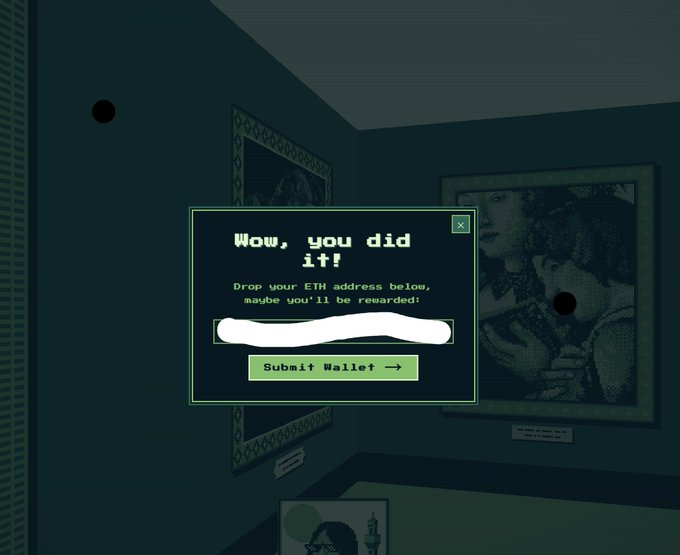 The image shows a pixelated green text box reading "Wow, you did it!" with instructions to drop your ETH address, representing the reward screen at galleria.theflorentines.xyz after collecting all 33 coins. The popup displays over a dark gallery scene with framed artwork, marking the completion of the coin-hunting challenge mentioned in the post.