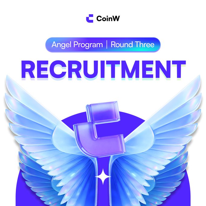 A CoinW promotional graphic for 'Angel Program | Round Three' featuring a 'RECRUITMENT' announcement with a 3D winged 'C' logo on a blue background.