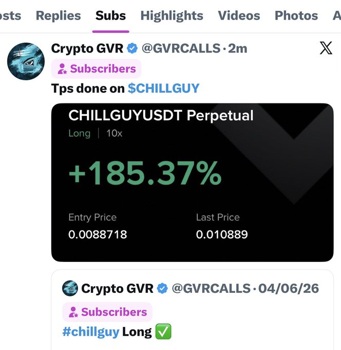 A screenshot of a tweet from Crypto GVR (@GVRCALLS) showing a CHILLGUYUSDT Perpetual long trade with 10x leverage, displaying a +185.37% gain from an entry price of 0.0088718 to a last price of 0.010889, accompanying a post celebrating 185% profit for Twitter subscribers with zero lost trades in July.