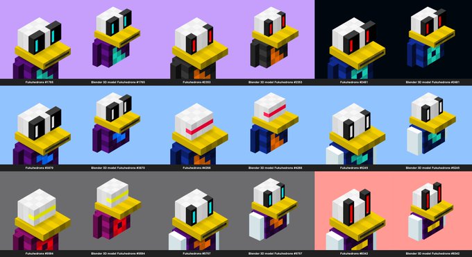 A grid showcasing various voxel-based 3D model designs of stylized animal heads, labeled with codes like 'Fukuhatensu #1365' and 'Blender 3D model Fukuhatensu #1365', set against purple, blue, gray, and pink backgrounds.