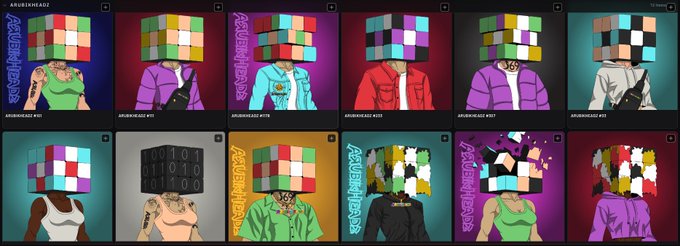 A grid showing ten variations of an NFT character with a checkered/color-blocked cube for a head, wearing different colored outfits (green, purple, blue, red, etc.), labeled "ABORIGEHEADZ" and "ABORIGEHEADZ #022" through "#031".