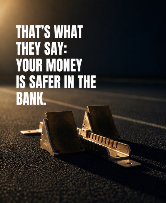 Motivational image showing two metal wheel chocks on dark asphalt with the text 'THAT'S WHAT THEY SAY: YOUR MONEY IS SAFER IN THE BANK.'