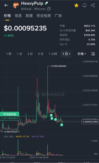 A screenshot from the Binance app showing the price chart for HeavyPulp (8G5ayE...9Pump), trading at $0.00095235, which is up 1.84%.