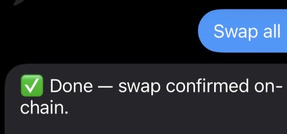 A mobile app interface showing a confirmation message that reads 'Done — swap confirmed on-chain' next to a 'Swap all' button.