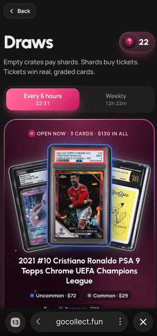 A mobile app screenshot shows a 'Draws' page on gocollect.fun, advertising a 2021 Cristiano Ronaldo PSA 9 Topps Chrome UEFA Champions League card.